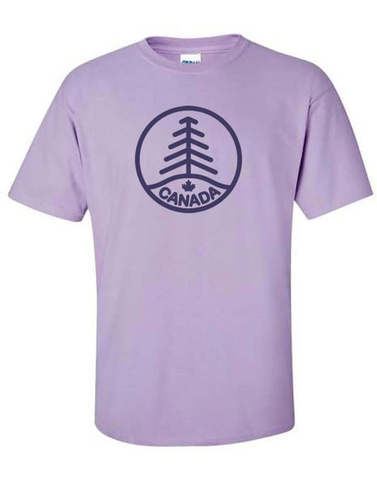 Product Image – North & Oak Unisex T-shirt in purple, with dark purple circle with tree design and canada written in circle