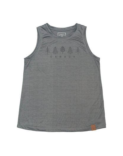 North & Oak Women's Canada Tank in grey with dark grey images of trees and Canada written below