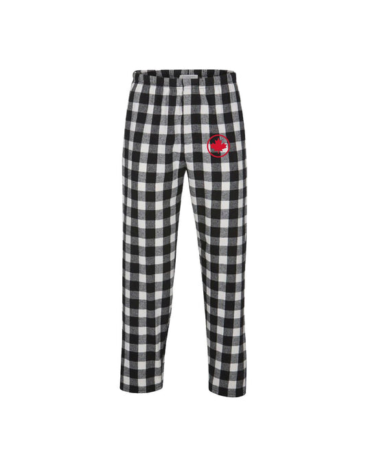 Product Image – Unisex Plaid Sleep Pants in black and white checkered pattern and red maple leaf in a circle on left thigh