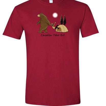 Unisex Soft Style T-Shirt in cardinal red with cartoon image of bear dragging a person out of a tent with words below that read Canadian Take-Out