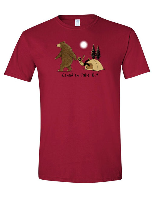 Product Image – Unisex Soft Style T-Shirt in cardinal red with cartoon image of bear dragging a person out of a tent with words below that read Canadian Take-Out