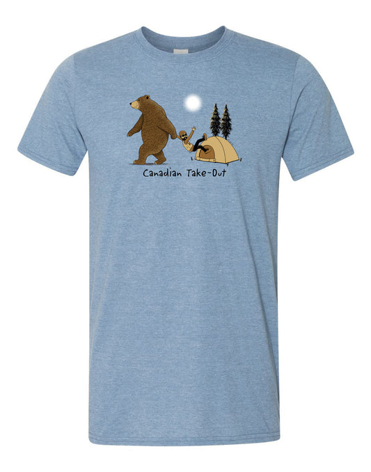 Product Image – Unisex Soft Style T-Shirt in heather indigo blue with cartoon image of bear dragging a person out of a tent with words below that read Canadian Take-Out