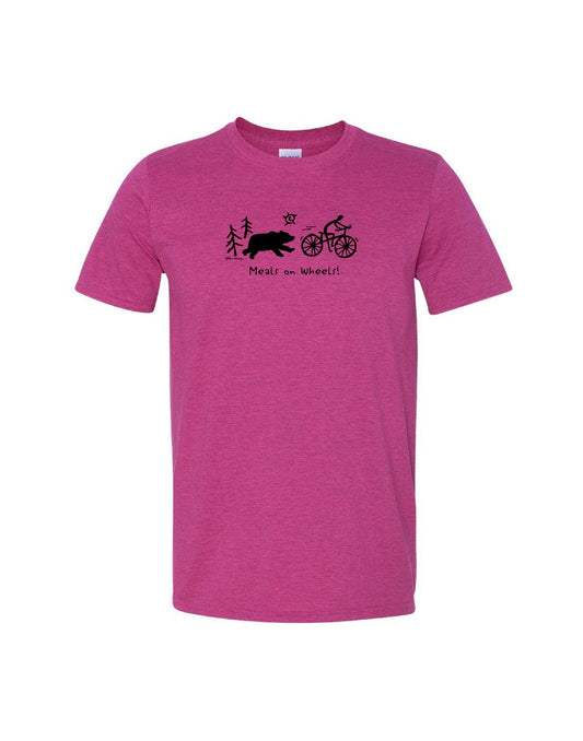 Product Image – Unisex Soft Style T-Shirt in antique heliconia, bright pink colour with black image of bear chasing after a person on a bicycle