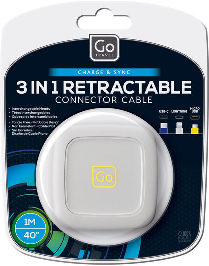 Close up of Go Travel 3-in-1 Retractable Connector Cable packaging.