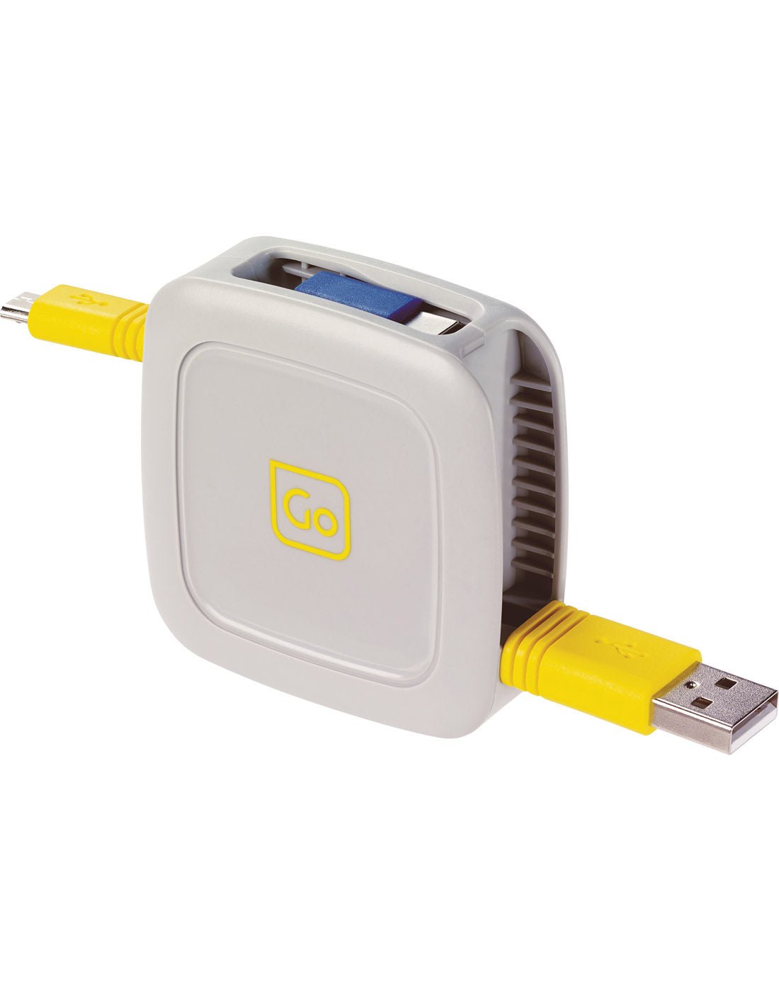 Front angle of Go Travel 3-in-1 Retractable Connector Cable, USB and USB-C connectors are visible.