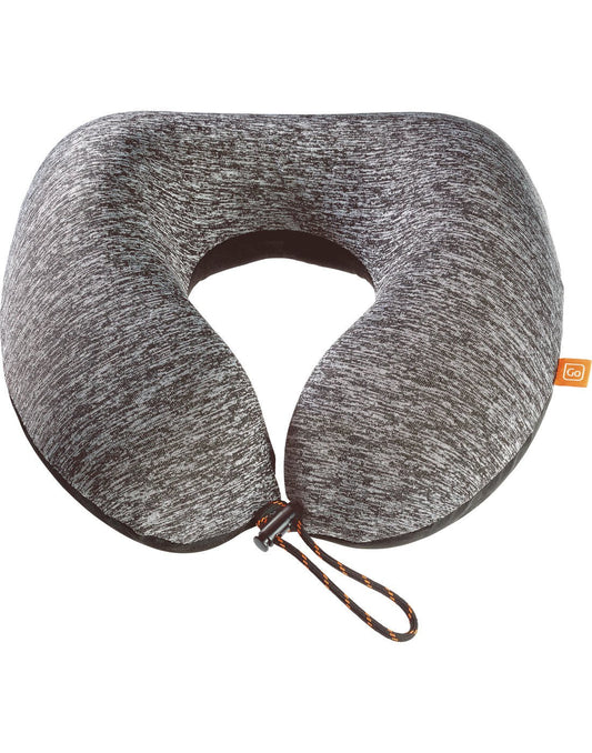 Product Image – Go Travel American ZZZs Neck Pillow in a salt and pepper grey fabric on top and black on the bottom with a draw string and toggle cord