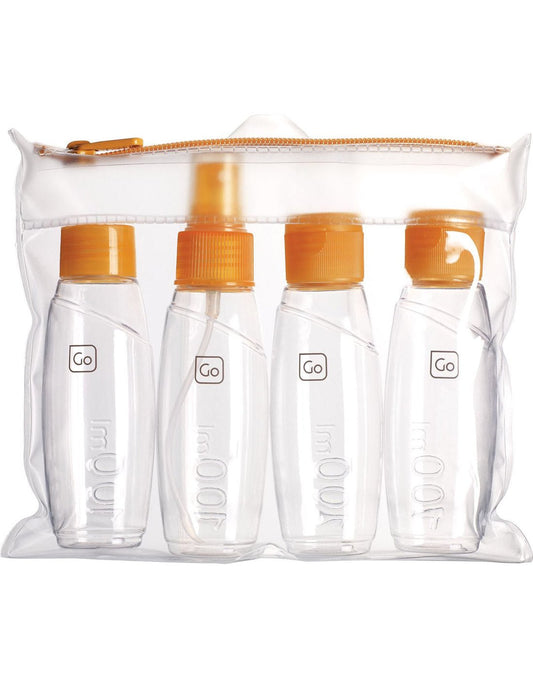 Product Image – Go Travel Cabin Bottles Set of 4 clear bottles with orange caps in a clear zippered case