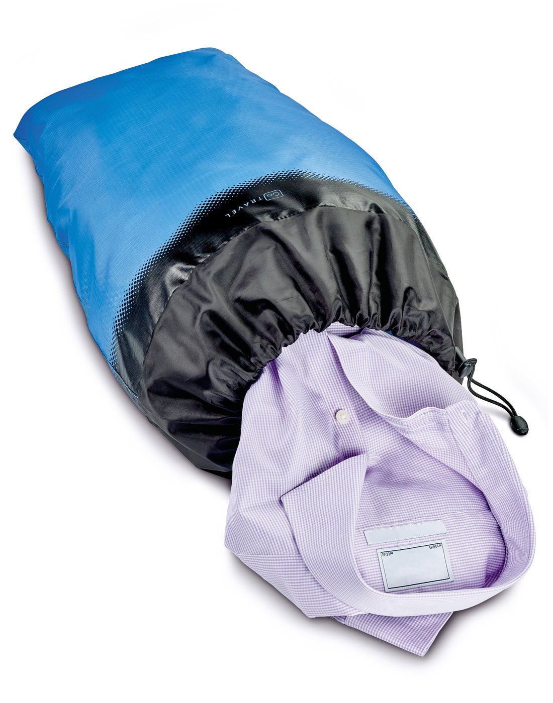 Go Travel Laundry Bag in blue, positioned at an angle on the ground with a shirt partially placed inside the closed drawstring. 