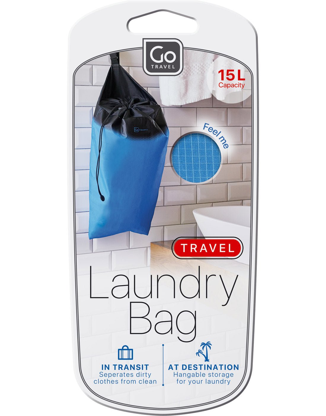 Front view of blue Go Travel Laundry Bag packaging.