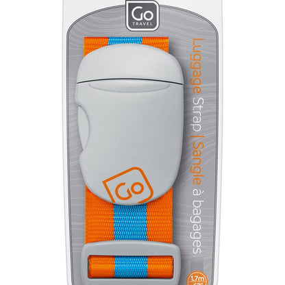 Front view of  blue/orange Go Travel Luggage Strap inside its packaging.