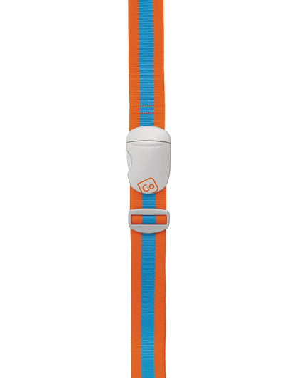 Go Travel Luggage Strap in blue/orange, close-up front view.