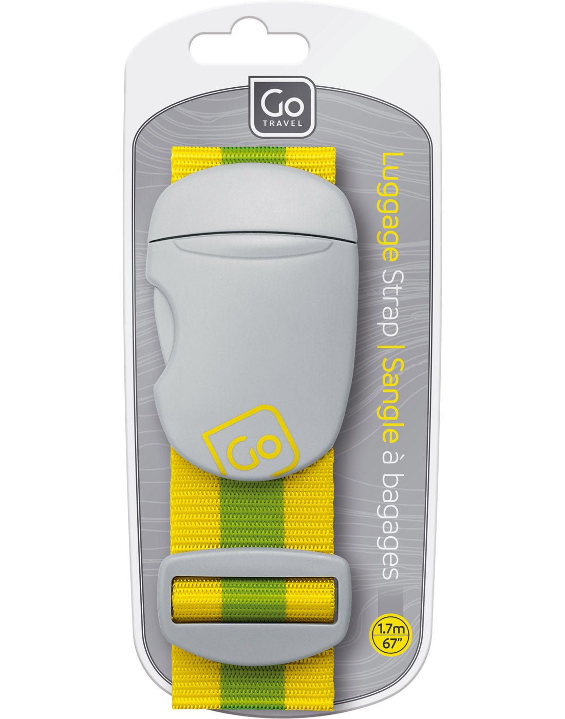 Front view of yellow/green Go Travel Luggage Strap inside its packaging.