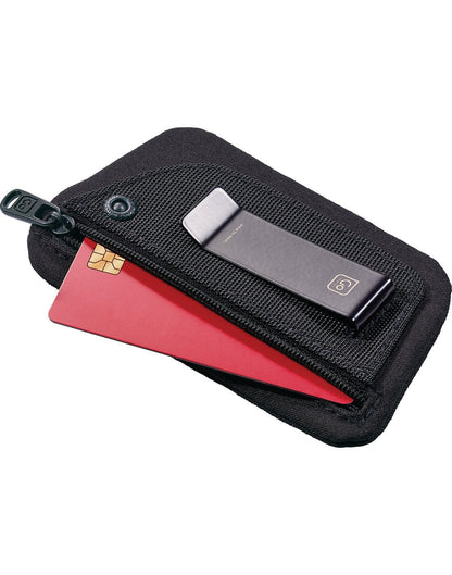 Side angle view of Go Travel The Clip Pouch RFID, unzipped showing credit card protected inside.