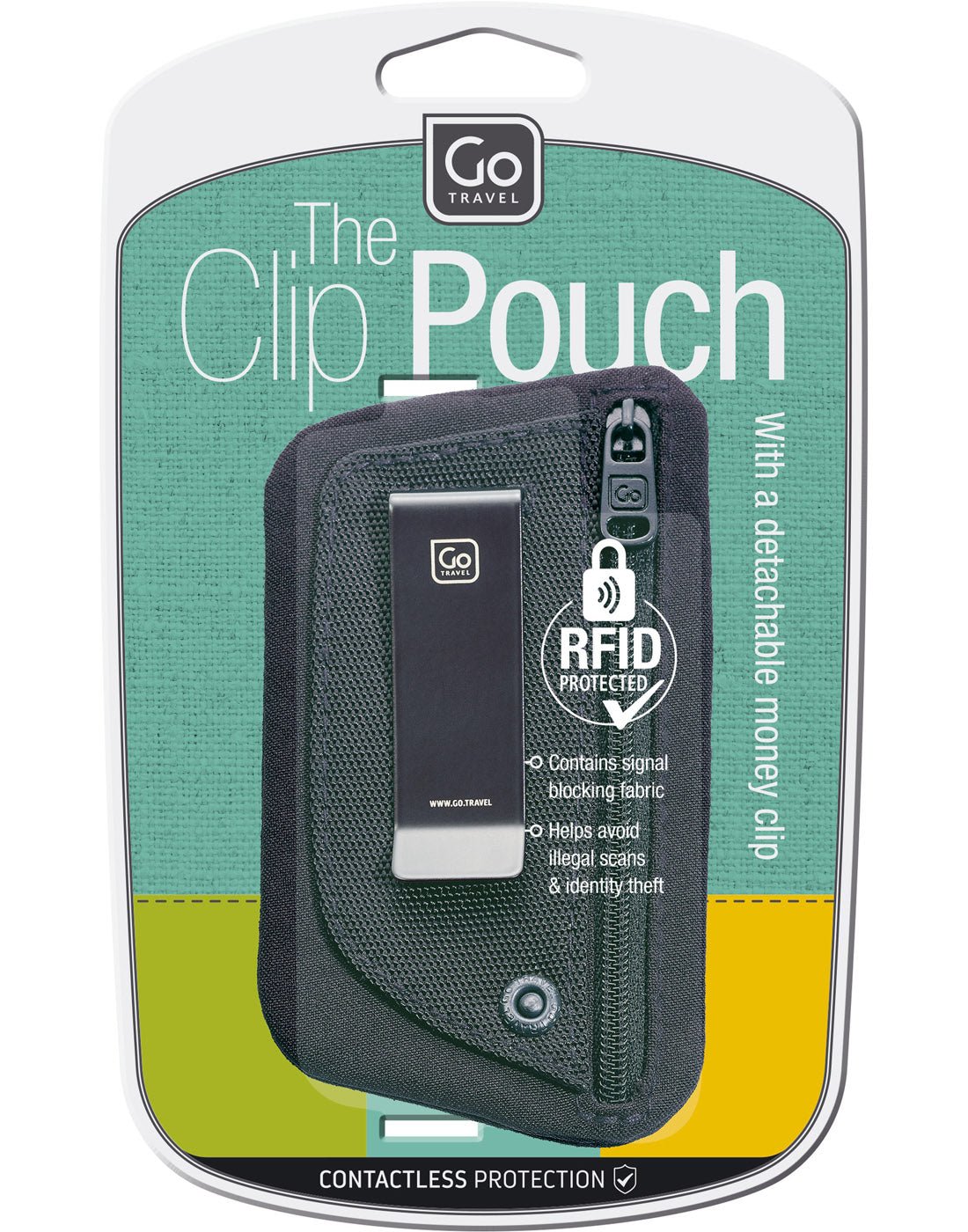 Front view of Go Travel The Clip Pouch RFID packaging.