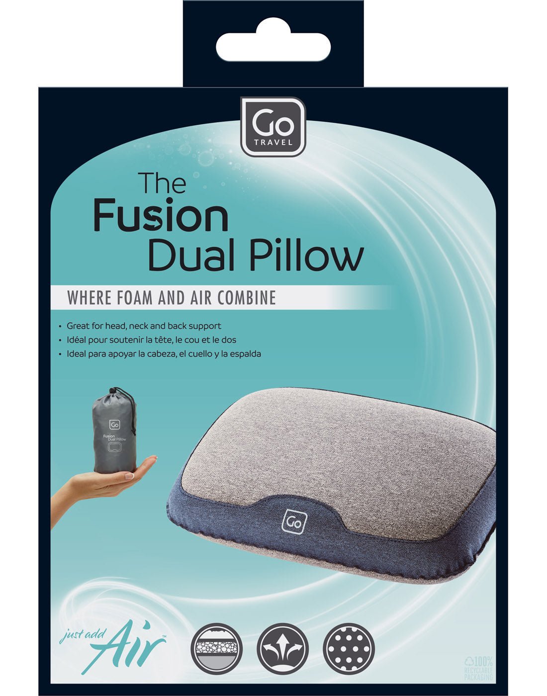 Front view of Go Travel The Fusion Dual Pillow packaging.