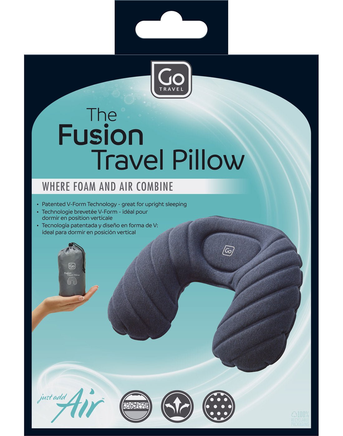 Front view of Go Travel The Fusion Travel Pillow packaging.