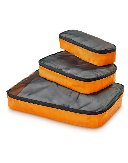 Product Image – Go Travel 3 piece packing cubes, stacked with large on bottom, orange fabric with black mesh and zipper