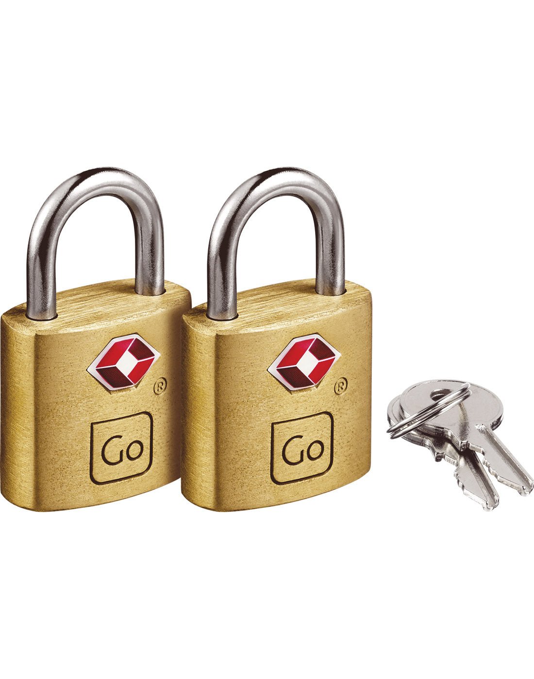 Two Go Travel TSA Brass Key Padlocks with two keys, front view