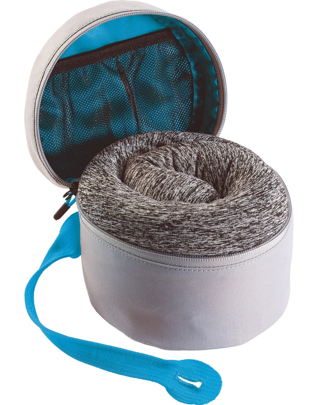 Go Travel Universal Pillow Packer, product view, unzipped with grey neck pillow rolled inside, grey with blue handle and accents