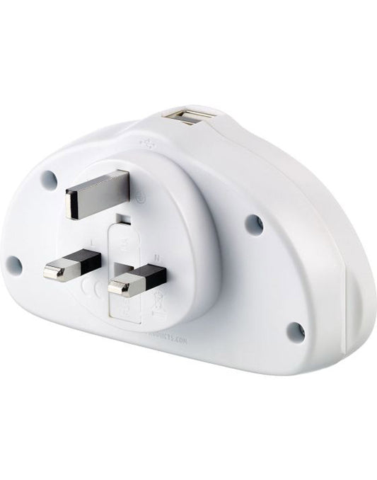 Product Image – Go Travel World-UK Adapter Duo + USB, white, back angled view of plug prongs