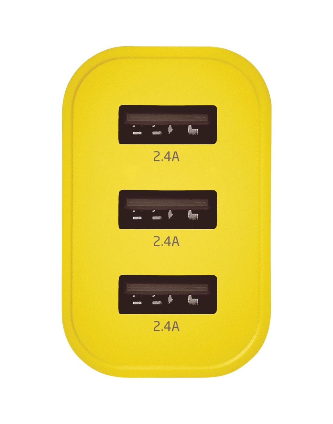 Close up of yellow USB triple input charger, front view