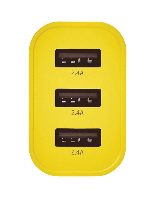 Product Image – Close up of yellow USB triple input charger, front view