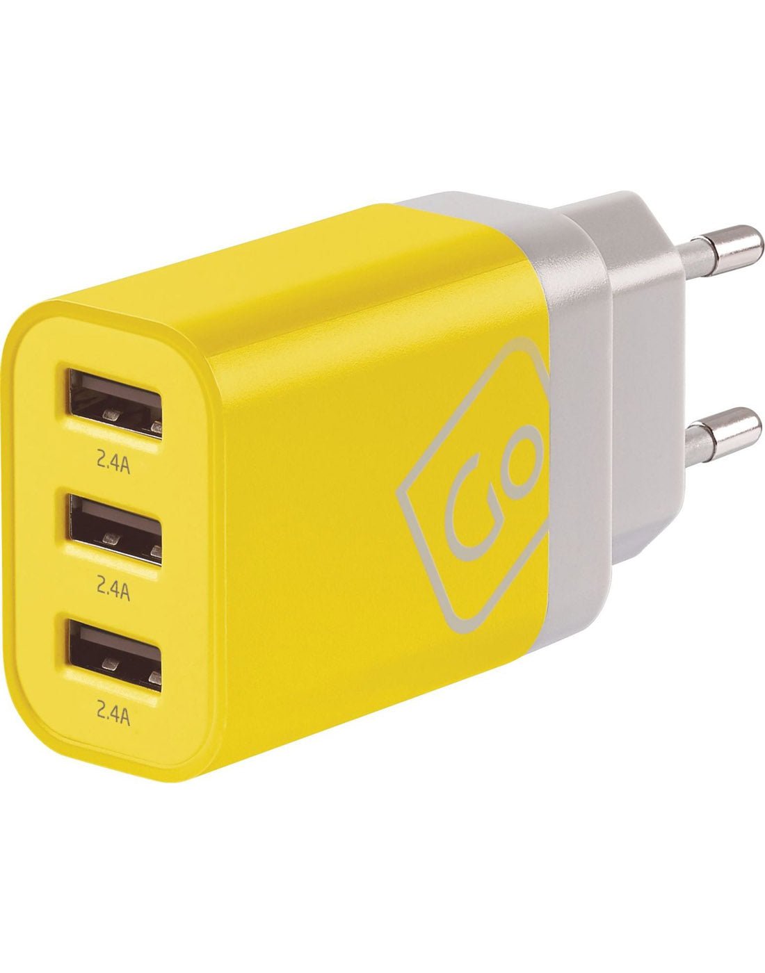 Front view of Europe adapter plugged into USB charger