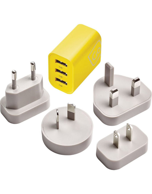 Product Image – Go Travel Worldwide 3 Port USB-A Charger, yellow USB charger section and four grey adapter components