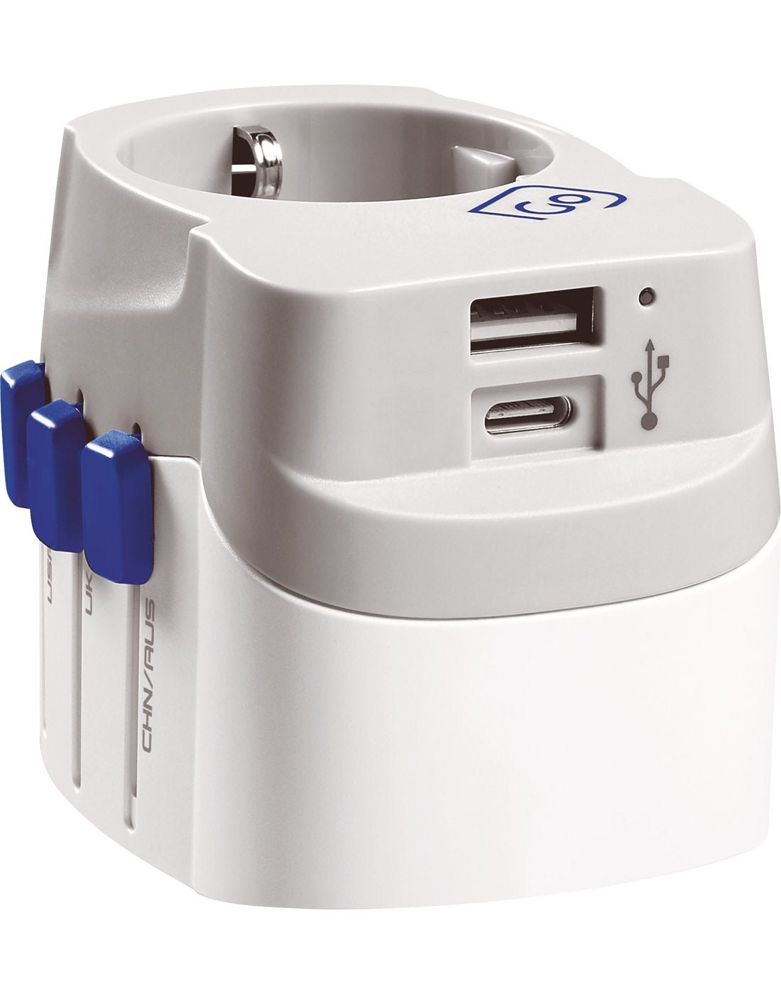 Go Travel Worldwide Adapter + USB-A & USB-C, bottom view of USB-A and USB-C ports