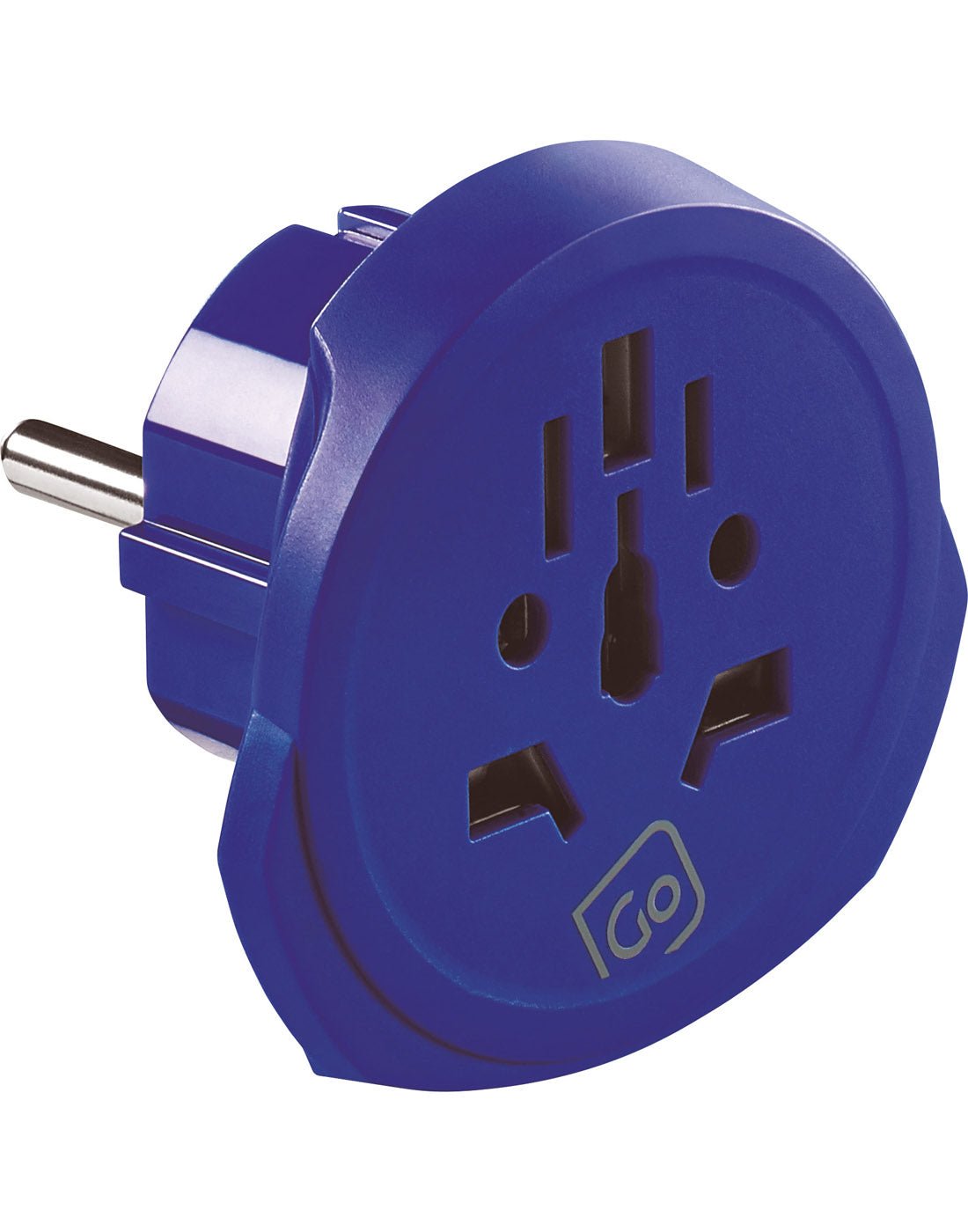 Go Travel Worldwide Adapter + USB-A & USB-C, removeable blue adapter piece, front angled view