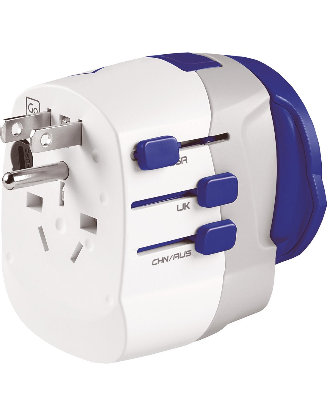 Go Travel Worldwide Adapter + USB-A & USB-C, side view with USA plug switched