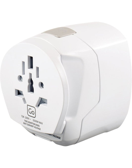 Product Image – Go Travel Worldwide Grounded Adapter + USB, front angled view of input sockets