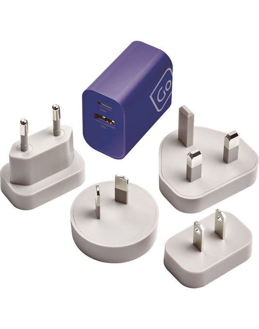 Product Image – Go Travel Worldwide USB-A & USB-C Charger +, purple USB charger section and four grey adapter components