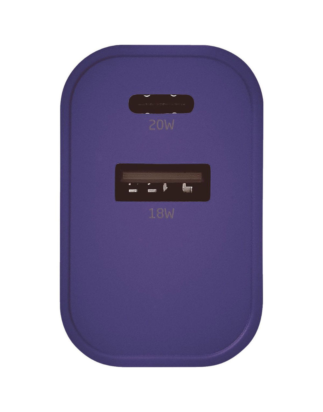 Close up of purple USB input charger, front view