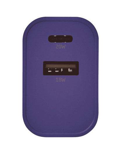 Close up of purple USB input charger, front view