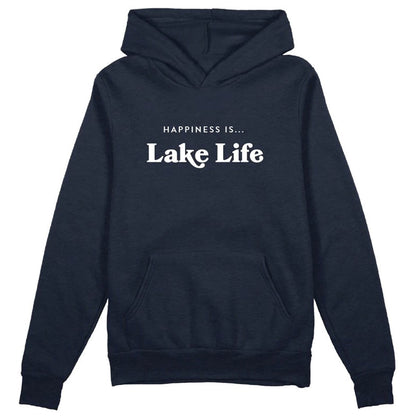 Happiness Is...Lake Life 'Special K' Unisex Hoodie in navy with white writing across chest that reads Happiness Is...Lake Life, front view