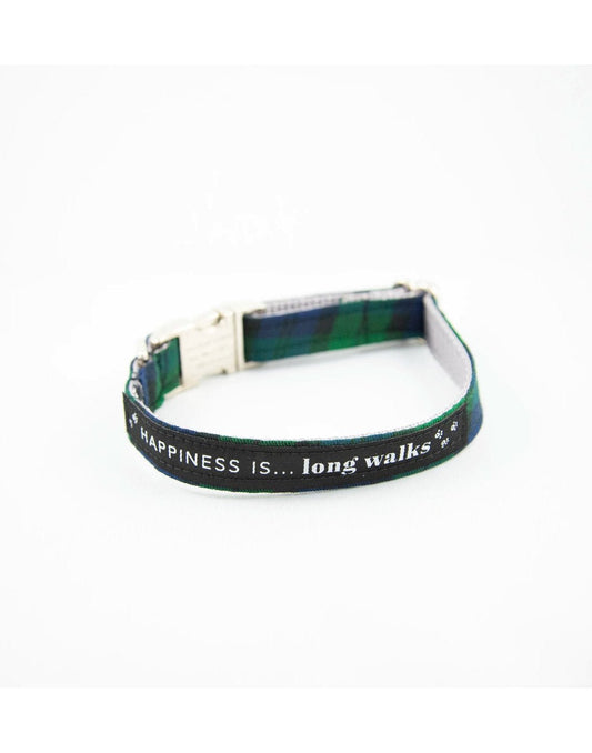 Product Image – Happiness Is... Long Walks Blackwatch Dog Collar with silver clip.  Blue and green plaid fabric with black strip with white small paw prints and words that say Happiness Is...long walks.