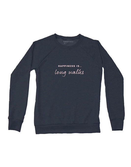 Product Image – Happiness Is...long walks women's crew sweatshirt in navy with light pink words that read Happiness Is...long walks