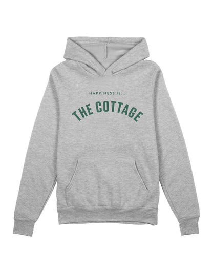 Happiness Is... The Cottage Unisex Hoodie in heather grey with sage green writing across chest that reads Happiness Is... The Cottage, front view