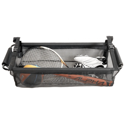 Front view of High Road® CargoStash™ Storage Shelf, with sports equipment and gear positioned inside. 