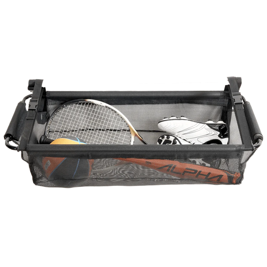 Product Image – Front view of High Road® CargoStash™ Storage Shelf, with sports equipment and gear positioned inside. 