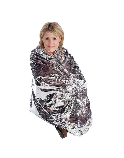 Angled view of woman sitting while wearing High Road® Emergency Car Blanket.