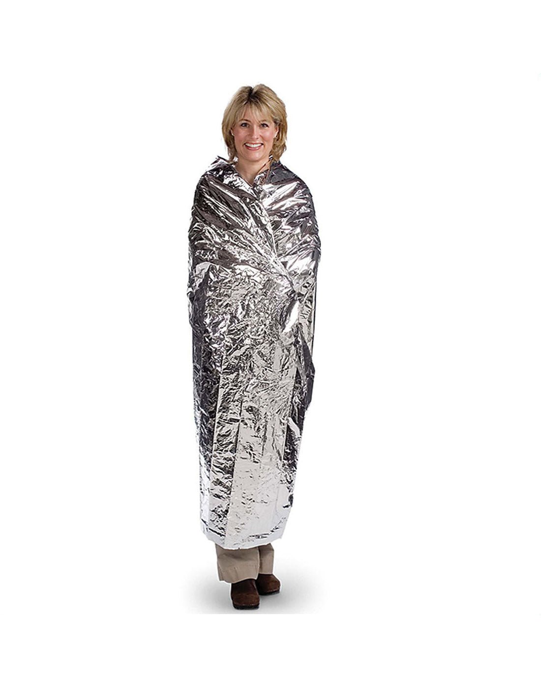 Front view of a standing woman wearing High Road® Emergency Car Blanket.