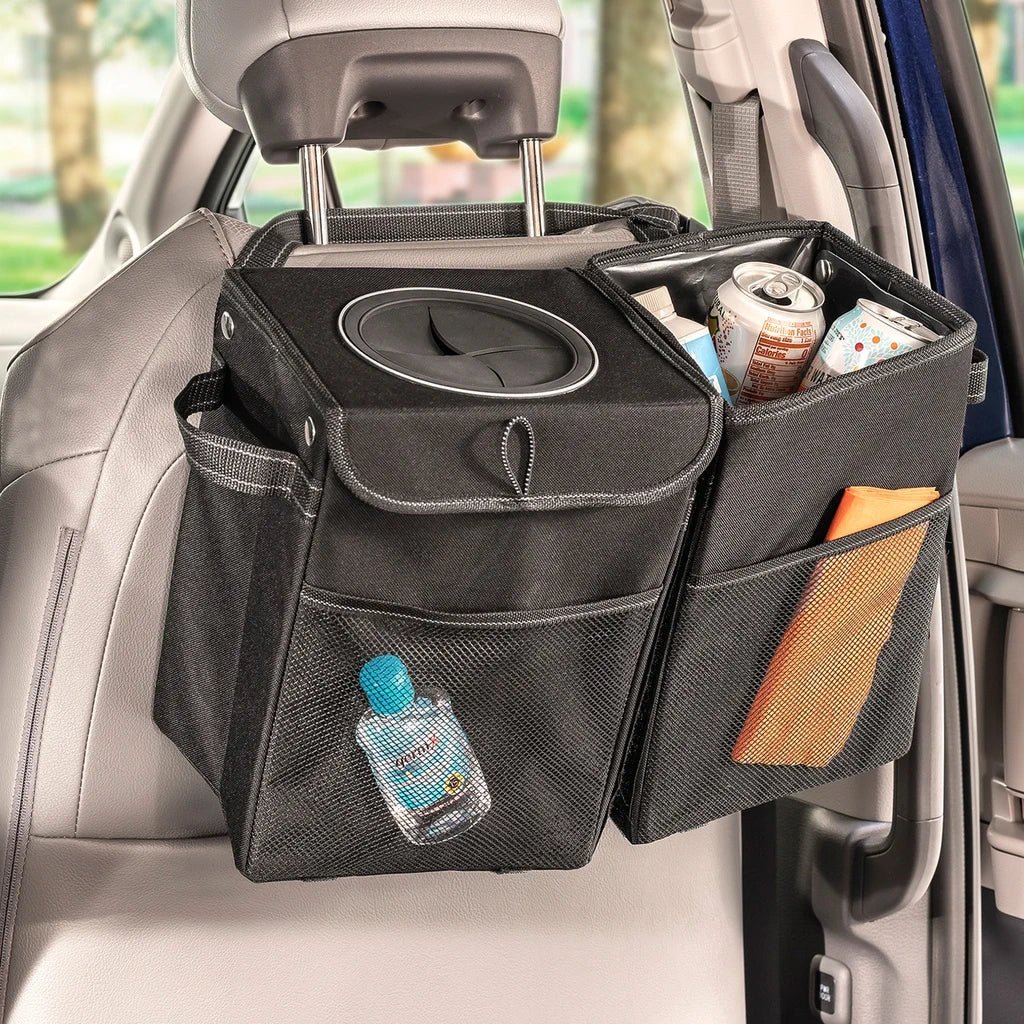 Lifestyle image of High Road® StashAway® Car Recycling Bin, attached to the back of a car seat with empty drink containers and other items placed inside.