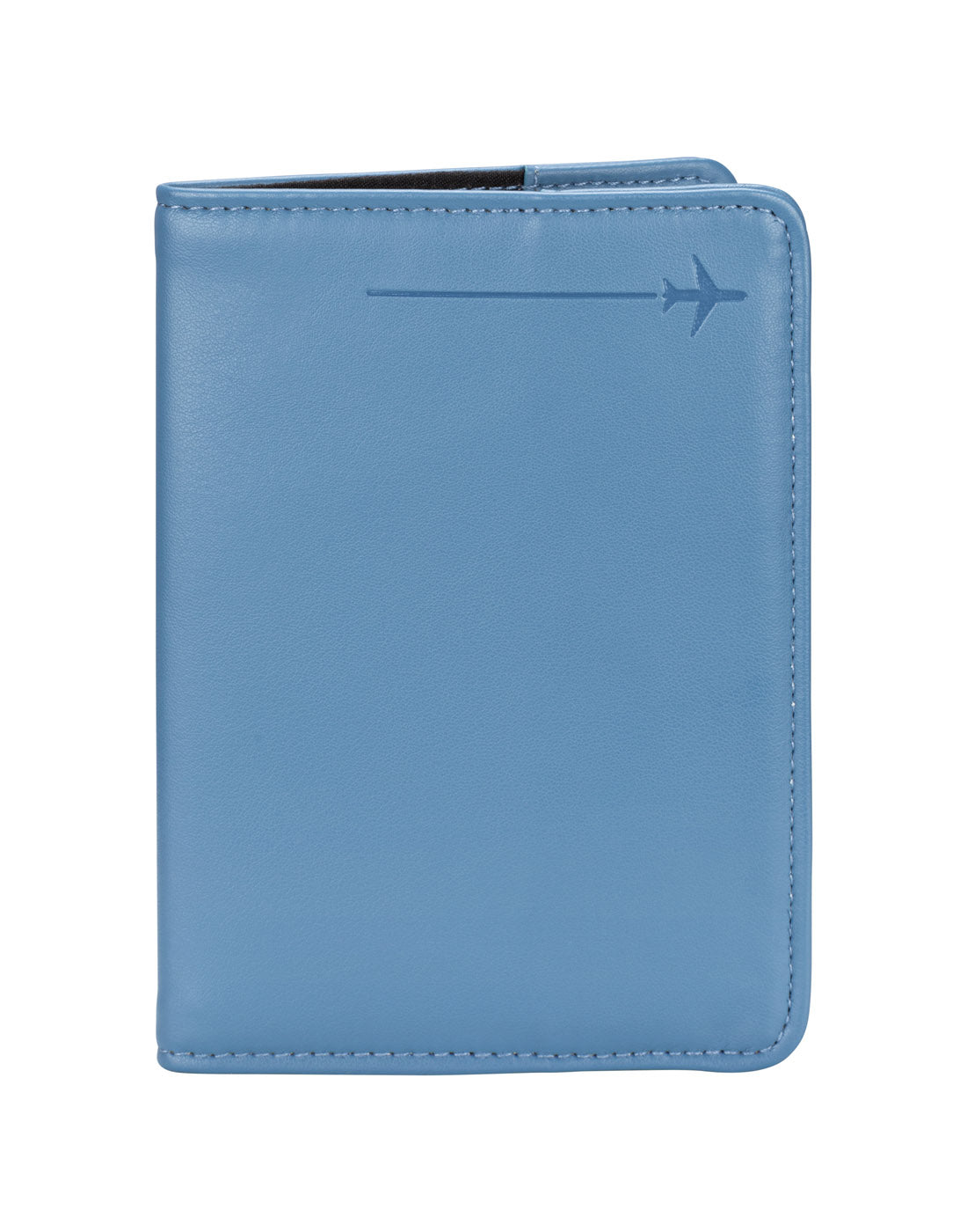 RFID Passport Cover in blue with embossed airplane in top right corner, front view