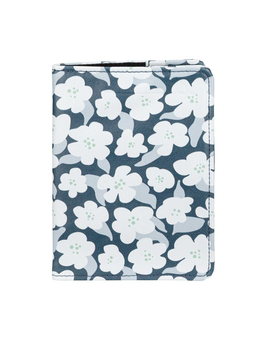 Product Image – RFID Passport Cover in navy floral print with embossed airplane in top right corner, front view