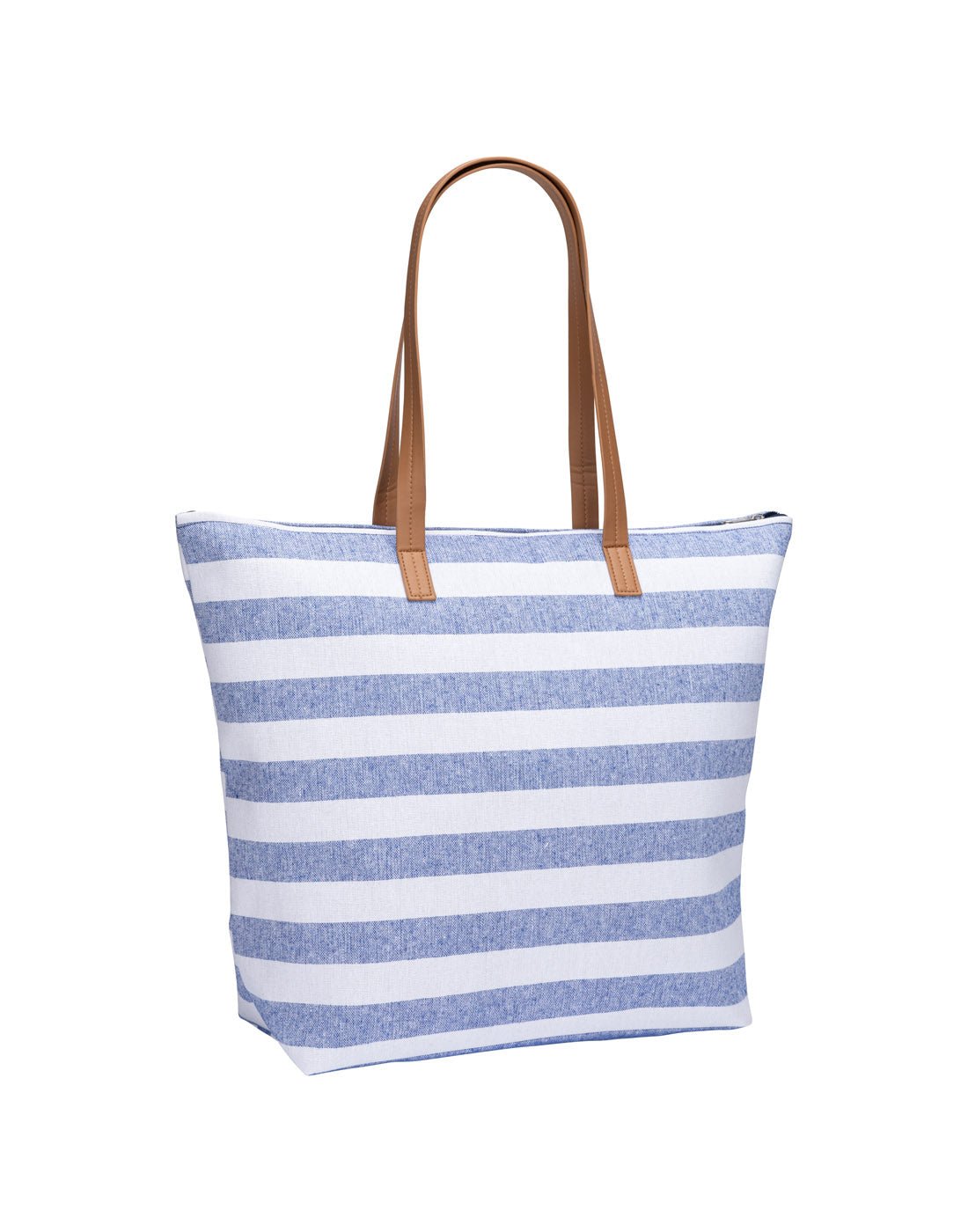 White and blue horizontal striped beach bag with top zip and tan coloured double straps, front angled view