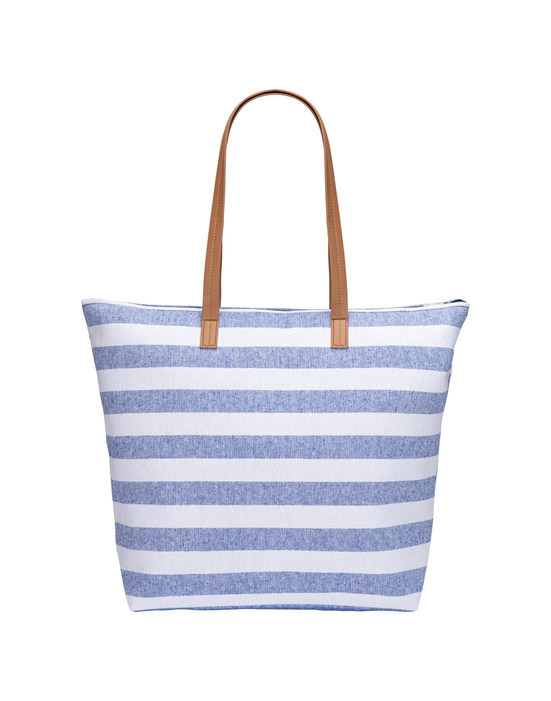 White and blue horizontal striped beach bag with top zip and tan coloured double straps, front view