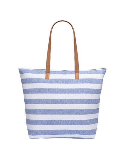 White and blue horizontal striped beach bag with top zip and tan coloured double straps, front view