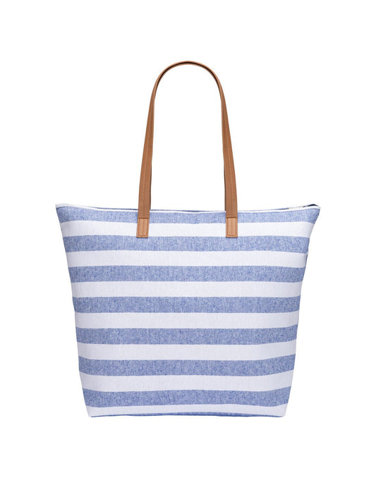 Product Image – White and blue horizontal striped beach bag with top zip and tan coloured double straps, front view